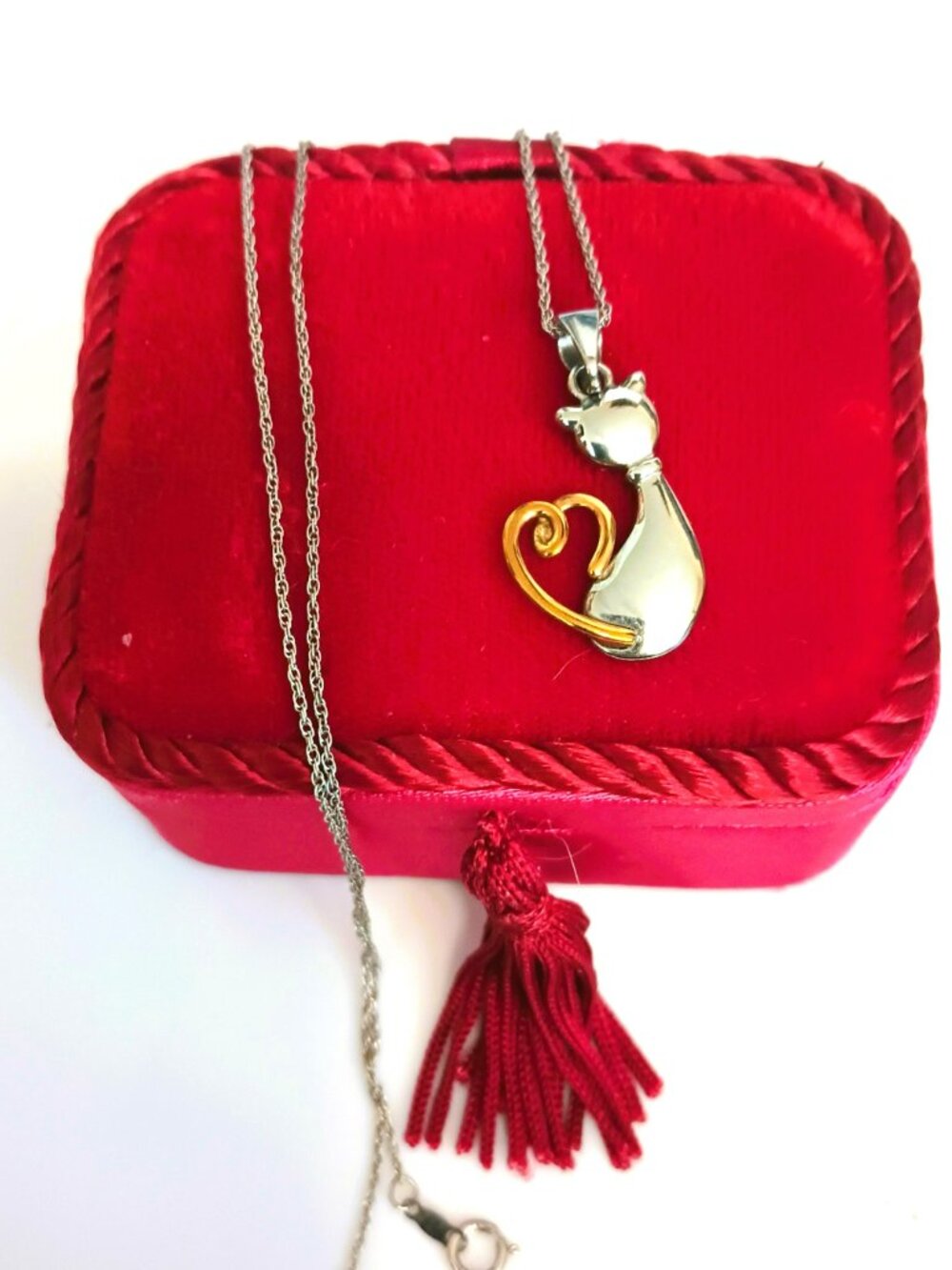 JCM Hallmark Cat Pendant Necklace 18" Two Tone Stainless Steel Dainty Jewelry